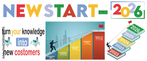 New business start. 2026. Growth phases organization arrow business development.