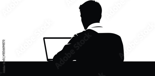 Laptop user silhouette vector, black and white contrast, remote work posture, digital workspace, casual fashion, minimal design, modern tech lifestyle, desk scene
