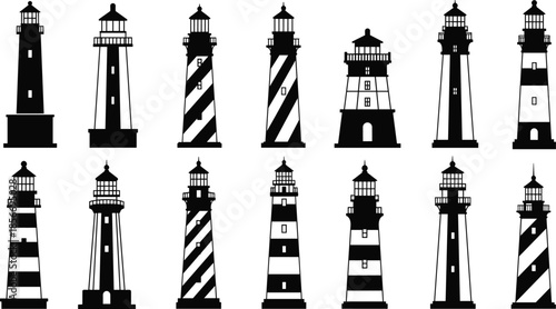 Lighthouse silhouette vector collection, coastal tower design, black and white contrast, navigation structure, maritime safety, architectural variety, minimal style, sea landmark