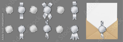 Silver wax seal collection with realistic 3d stamps and ribbons. Vintage royal certificate elements with envelope mockup. Premium quality badges with antique embossed circles and elegant attachments