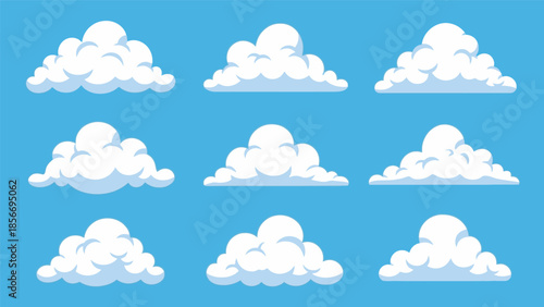 Stylized collection of fluffy white clouds against a clear blue sky, ideal for weather graphics.