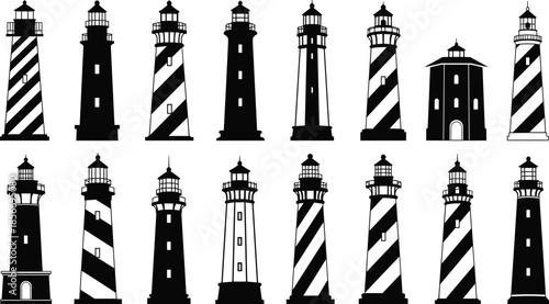 Lighthouse silhouettes vector illustration set, black and white nautical beacons with stripes and diverse tower designs for maritime, coastal, and travel projects,