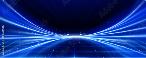 Neon light streaks radiating across blue gradient horizon with sparkling particles. High speed tech motion with luminous beams and glowing trails. Futuristic digital effect of dynamic energy.