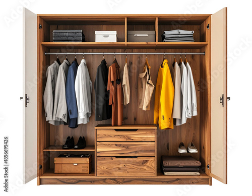 Open Wooden Wardrobe Filled With Clothes And Accessories.