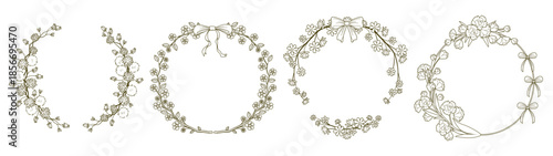 Floral frame collection with delicate flowers and elegant bows. Botanical wreath designs with ornate borders, leafy branches and ribbon accents. Vintage line art florals for wedding invitations.