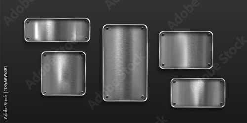 Shiny metal plates set isolated on background. Vector realistic illustration of square and rectangle stainless steel badges attached to surface with rivets, iron name board, game ui design elements