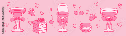 Pink bow decorated glass set with sweet desserts - hand drawn cake and macaron, strawberry and cherry doodles. Elegant vintage bow for coquette valentine party invitations and girly bar menu graphics.
