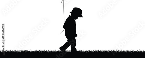 Little boy silhouette walking on grass field vector illustration, young child with hat exploring nature outdoors isolated on white background for childhood,