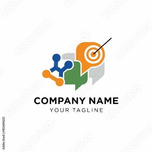 Abstract company logo with target arrow molecule and chat bubble icons.