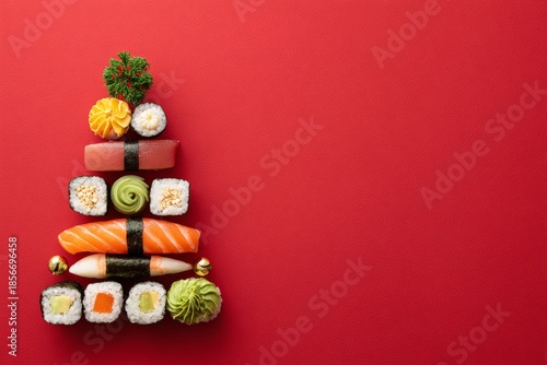 Sushi christmas tree creating holiday food art on red, copy space