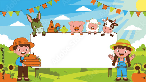 Joyful farmer children and happy farm animals holding a blank sign in a sunny rural setting.