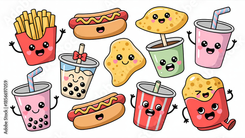 Kawaii food collection cute cartoon hot dogs french fries nachos and bubble tea drinks fun vector illustration for kids and food branding