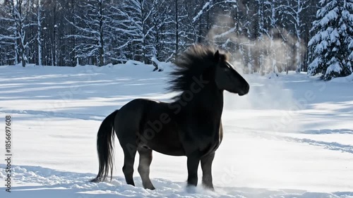 Black horse rears in snow.