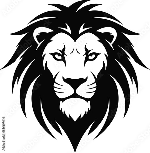 Majestic lion head vector illustration with thick black mane, powerful feline predator face silhouette for logo, mascot, tattoo, or wildlife conservation branding,