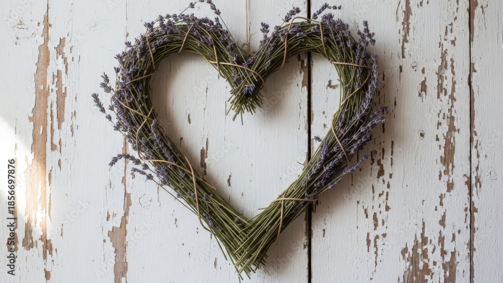 Fototapeta premium Lavender Heart Wreath Rustic Wood Background Romance
