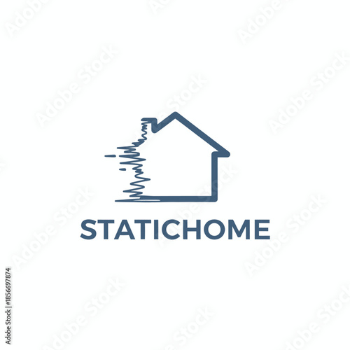 A minimalist blue logo of a house silhouette with a digital glitch effect on one side for "STATICHOME," representing smart home technology