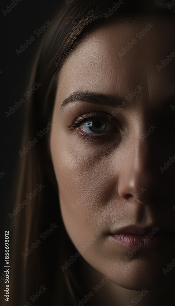 Fototapeta premium Dramatic Close-up Portrait of a Woman in Shadow