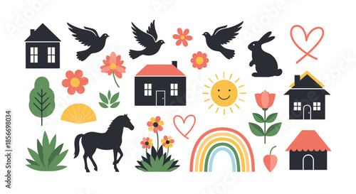 Collection of simple flat nature icons including houses birds flowers rainbow and animals for a peaceful village scene.