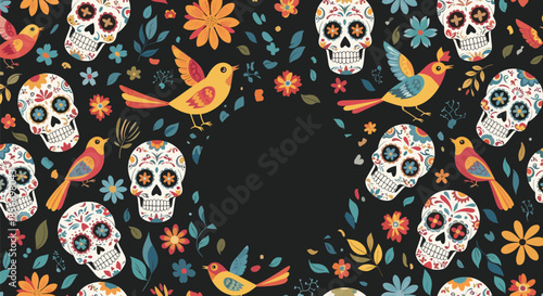 Day of the Dead festive pattern with colorful sugar skulls birds and flowers arranged around a dark circular frame.
