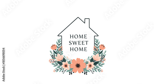 Home sweet home greeting card design with a minimalist house outline framed by a beautiful wreath of spring flowers.