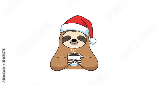 Adorable sloth wearing a red Santa hat and holding a steaming cup of hot cocoa for a cozy winter holiday celebration.