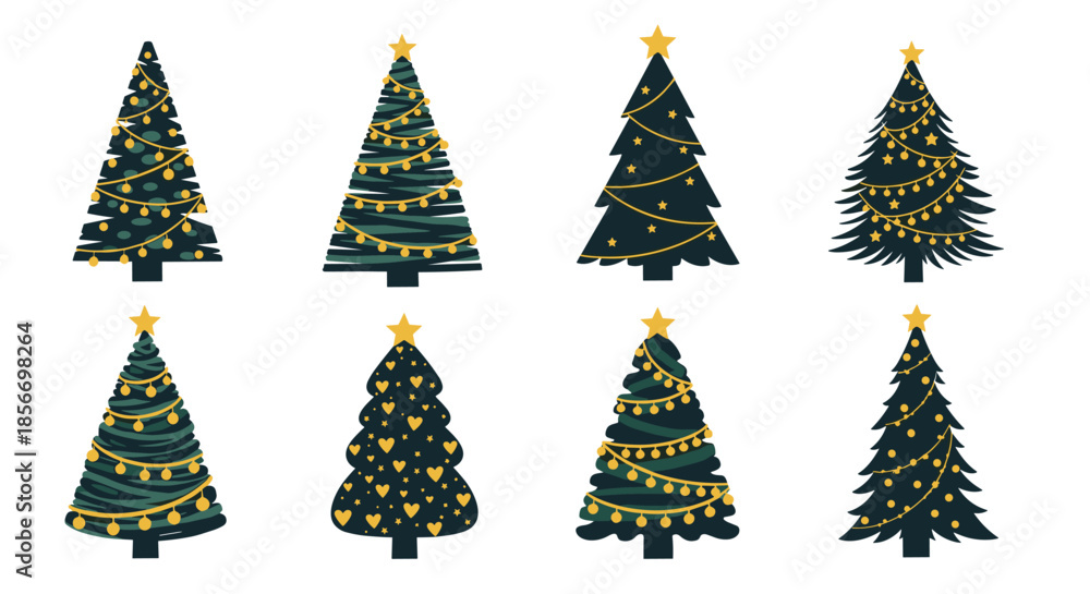 Obraz premium Set of various decorated Christmas tree icons with golden stars lights and garlands for winter holiday celebration.