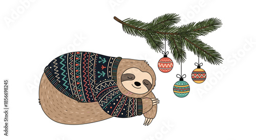 Cozy sloth wearing a patterned winter sweater sleeping peacefully on a pine branch decorated with Christmas baubles.