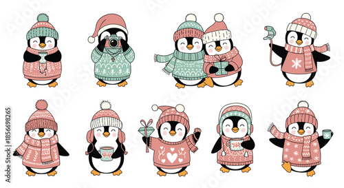 Cute penguins in cozy winter clothes engaged in festive activities like taking photos and sharing Christmas gifts.