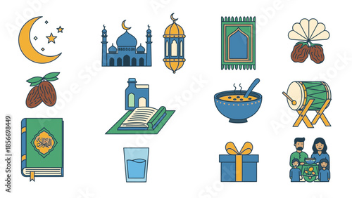 Vibrant Flat Icons Depicting Key Elements of Islamic Holidays and Family Gathering