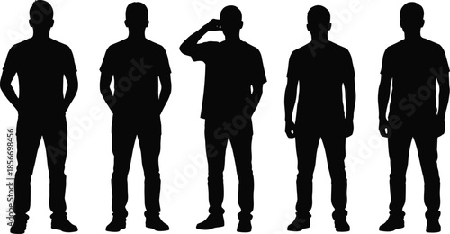 Male silhouettes vector illustration featuring five men in casual t-shirts and jeans standing in different poses, black and white lifestyle collection,