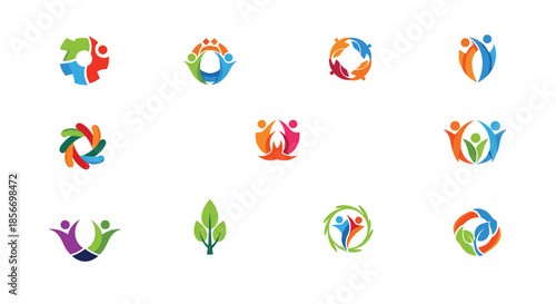 Collection of colorful abstract community logos representing unity people nature and teamwork for organizations.
