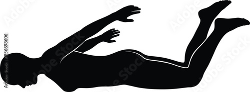 Black silhouette of a person swimming in water, athlete performing breaststroke or butterfly stroke, isolated aquatic sports vector for design.