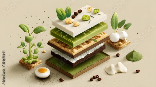 Abstract Culinary Concept with Layered Ingredients of Matcha, Chocolate, and Organic Greens
