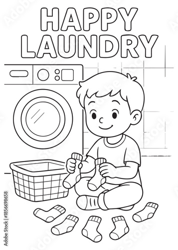 coloring book boy sorting socks near laundry basket