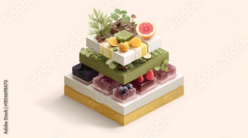 Innovative Food Design with Isometric Layered Fruit Jelly Pyramid on White Background
