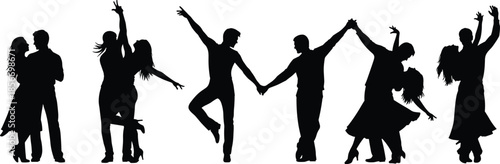 Dancing couple silhouette icon set, black vector style, partner dance poses, elegant motion, romantic gesture, expressive movement graphic