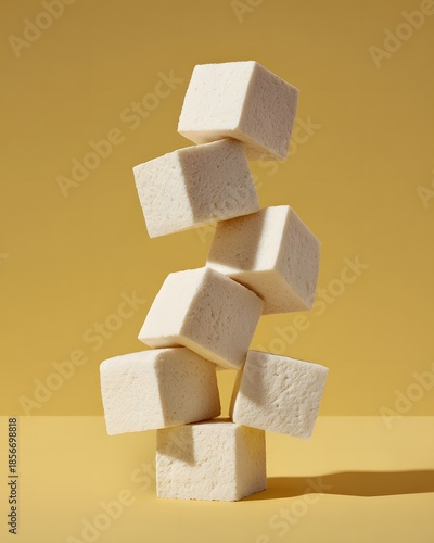 Minimalist Stack of Balanced White Tofu Cubes on a Soft Yellow Background