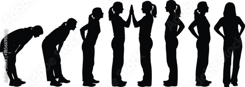 Posture improvement silhouette set, black vector style, standing progression, recovery pose, emotional growth, physical alignment, graphic symbol