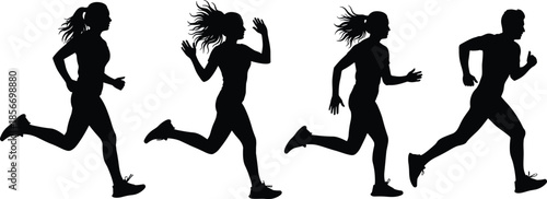 Running silhouette icon set, black vector style, athletic motion, fitness activity, female male jogger poses, dynamic movement graphic