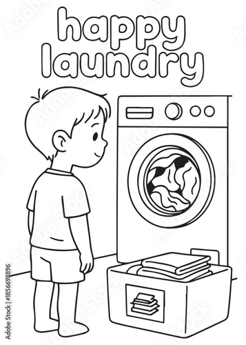 coloring book boy watching washing machine spin
