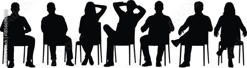 Seated posture silhouette set, black vector style, casual sitting poses, body language variation, chair figure, graphic symbol