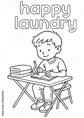 coloring book boy writing while folding laundry