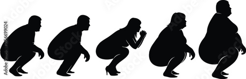 Squatting silhouette icon set, black vector style, body size progression, weight change, posture variation, health concept graphic