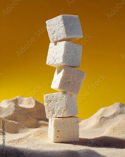 Minimalist Concept of Stacked Tofu Cubes on Sand Dunes with Yellow Sky Background