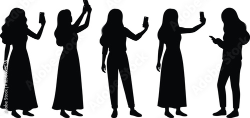 Smartphone silhouette icon set, black vector style, mobile usage poses, selfie gesture, screen interaction, modern behavior graphic