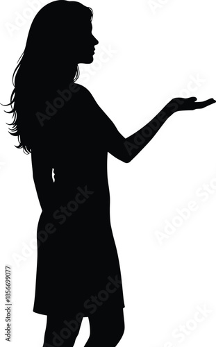 Standing silhouette icon, black vector style, profile pose, presenting gesture, long hair figure, minimalist design, graphic symbol
