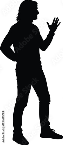 Standing silhouette icon, black vector style, raised hand gesture, casual stance, expressive figure, communication pose, graphic symbol