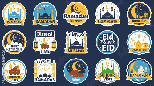 Whimsical Sticker Set for Ramadan and Eid Mubarak Celebrations with Mosques and Crescent Moons