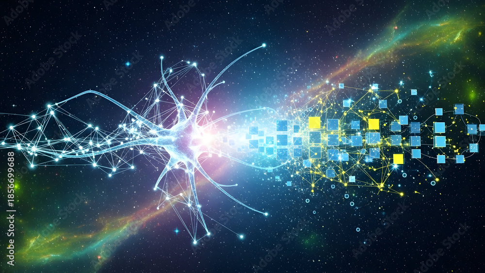 Obraz premium Transformation neural backdrop space particles blockchain
