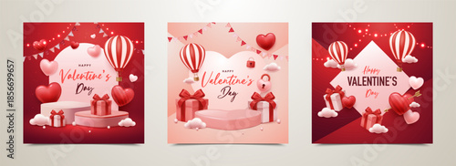 Valentine’s Day Social Media Templates Set with 3D Hearts, Gift Boxes and Romantic Red Theme